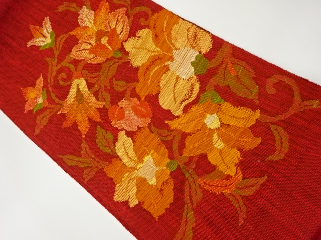 リサイクル　手織り真綿紬花唐草模様織出し名古屋帯